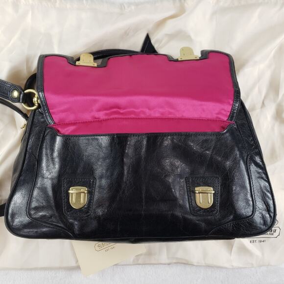 Coach Poppy Pushlock Satchel Black Waxed Leather Fuchsia Lining Removable Strap - Picture 8 of 14